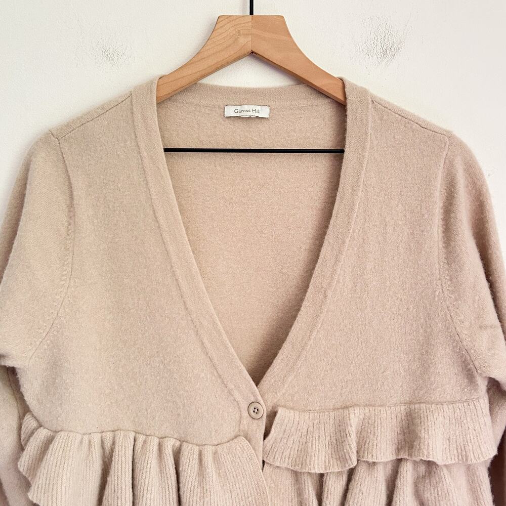 Garnet Hill Wool Ruffle Button Up Long Sleeve Cardigan Sweater Size M Cream - Picture 2 of 7